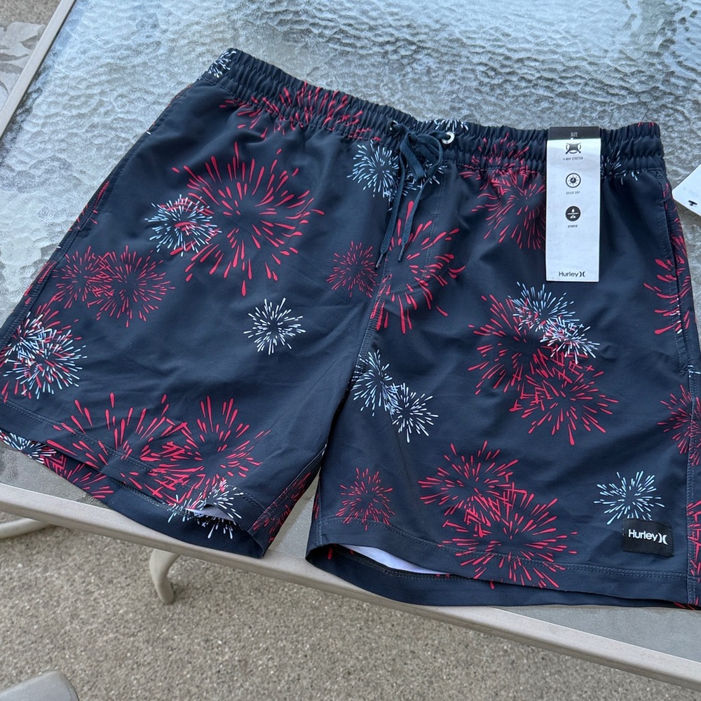 Hurley Men's Swim Shorts - Navy with Red and White Fireworks Pattern